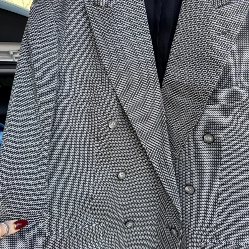 Vtg Bachrach Double‎ Breasted Houndstooth Blazer Jacket 44L USA Made Black White